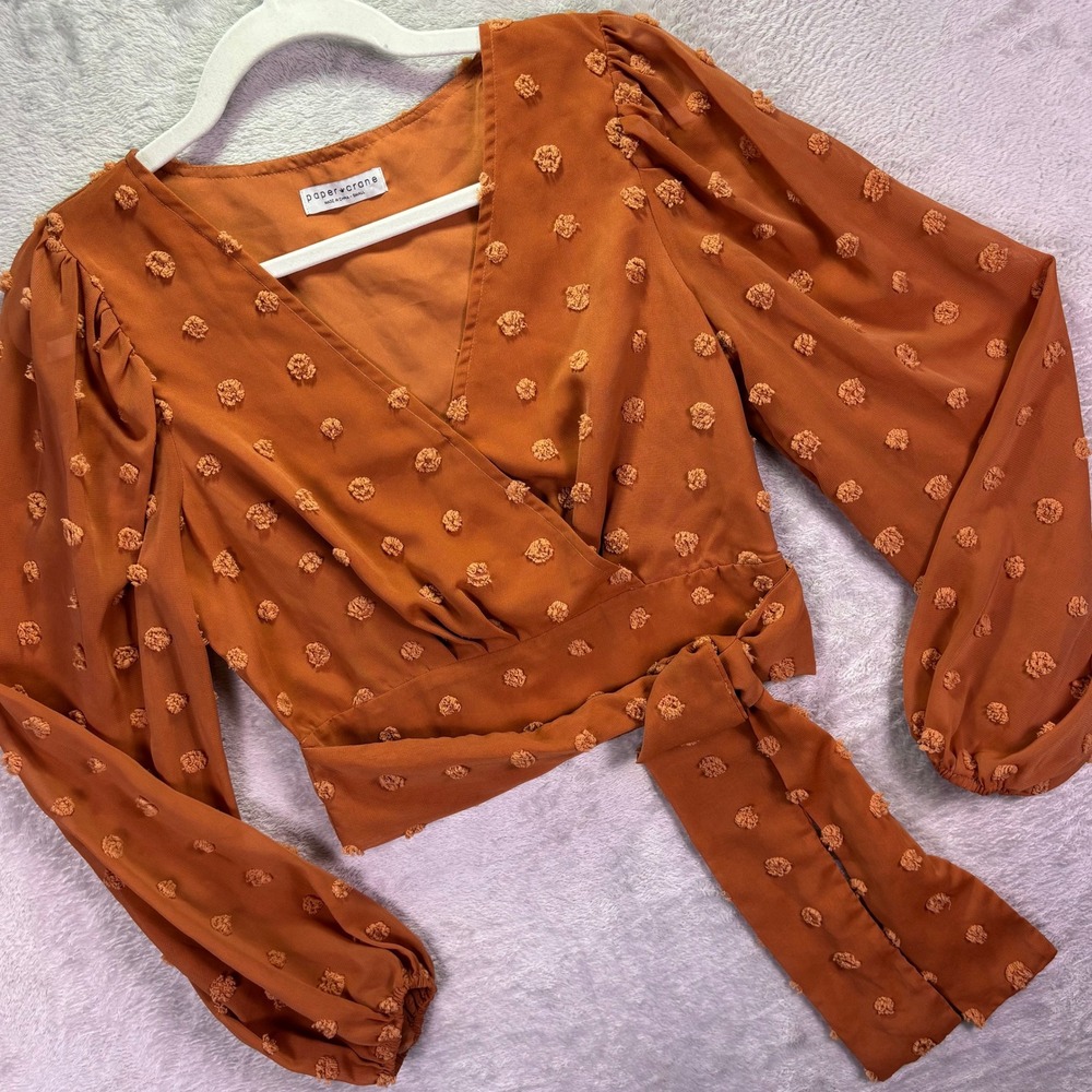 Paper Crane Women Top Sz Small Rust Orange Swiss Dot‎ Wrap Balloon Sleeve Crop